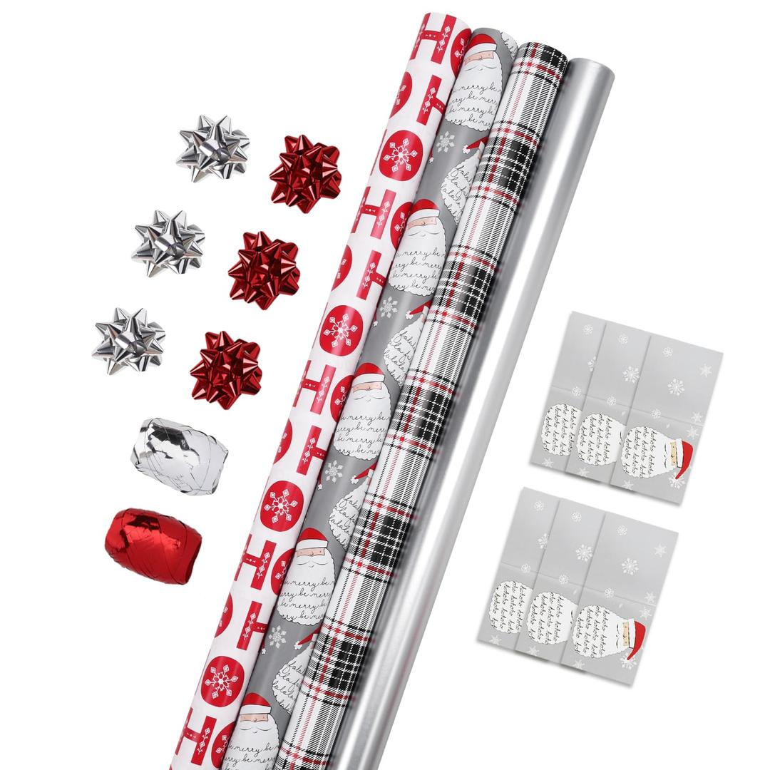 LaRibbons Christmas Wrapping Paper Set, Classic Santa Face & Plaid Design with Gift Bow & Ribbons & Tags, Perfect for Christmas, Holiday, Winter Party, Xmas, 30 Inch X 10 Feet (4Rolls, 100 sq.ft.ttl.)
