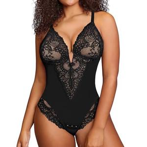 Popilush Bodysuits for Women Tummy Control Lace Corset Tops Large Bust Low Back Shapewear V Neck Thong Bodysuit, M