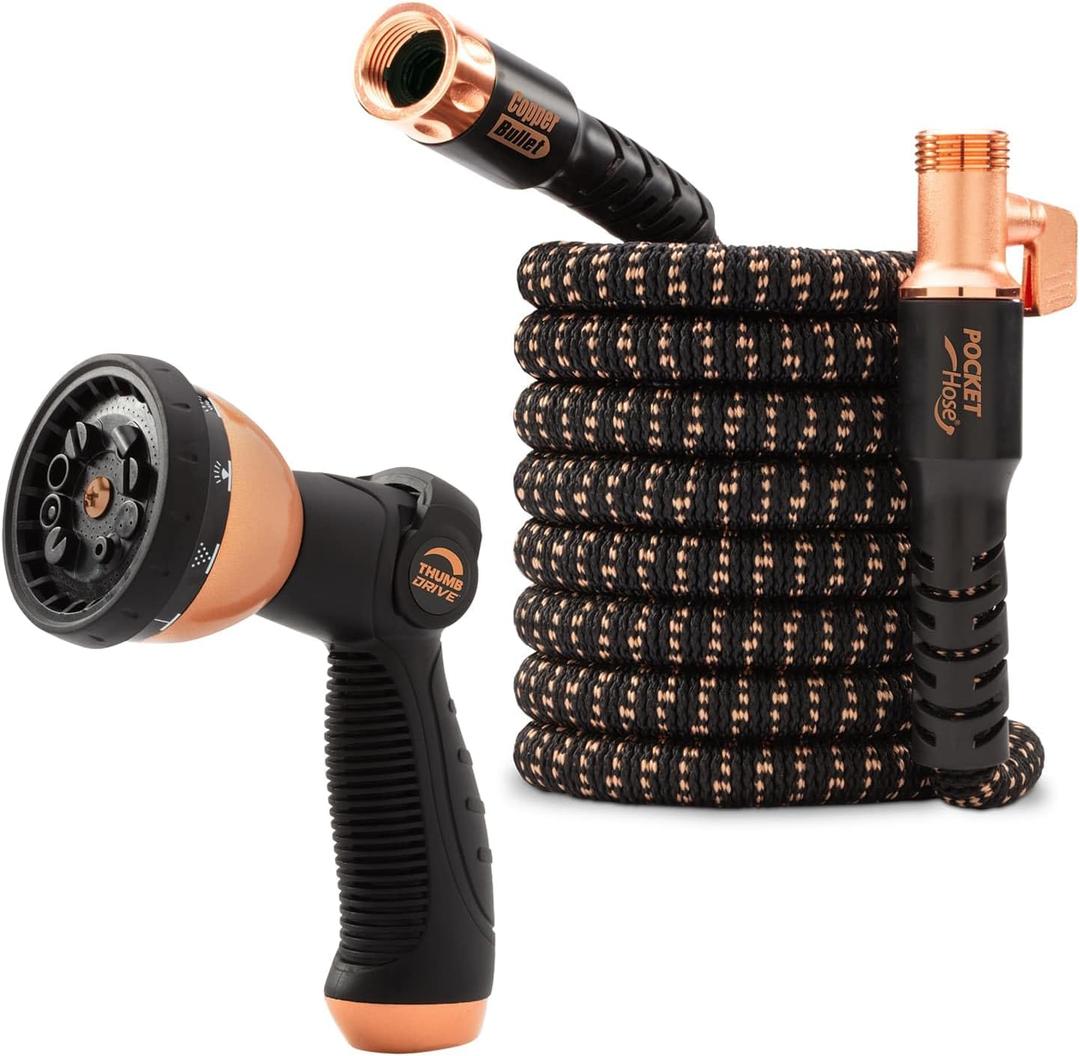 Pocket Hose Copper Bullet Deluxe Expandable Garden Hose 25 FT w/10 Pattern Thumb Spray Nozzle AS-SEEN-ON-TV 650psi 3/4 in. Lead-Free Ultra-Lightweight Solid Copper Anodized Aluminum Fittings No-Kink