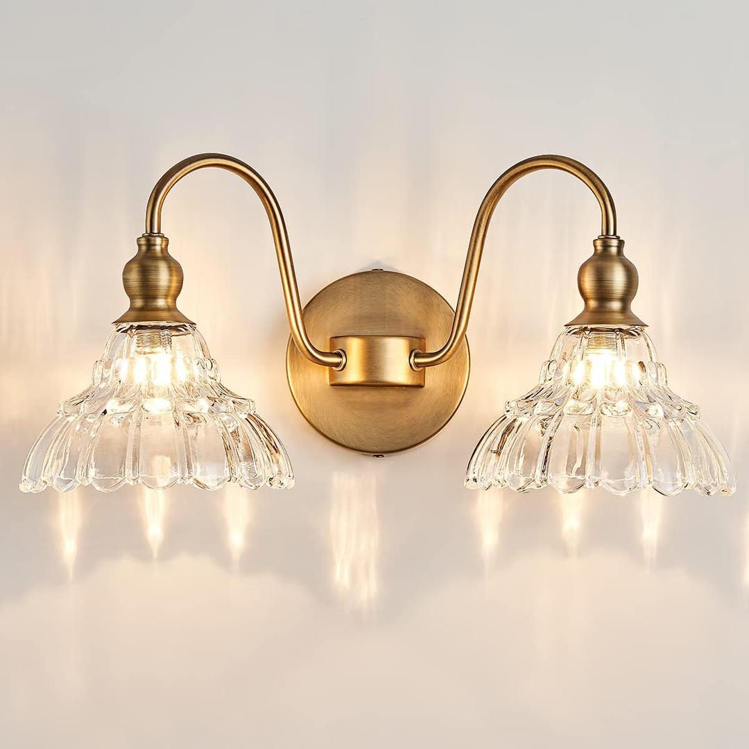 Antique 2-Light Wall Sconce Modern Bathroom Vanity Light Gold Wall Light Made of Metal Body and Pressed Patterned Glass Retro Vanity Light for Bedroom, Bathroom, Doorway, Foyer, Hallway (Brass)
