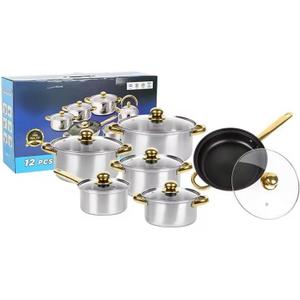 DW German Stainless Steel Cookware Set, 12-Piece Lightweight Pots & Pans with Nonstick Frying Pan, Milk Pot & Glass Lids for Everyday Cooking