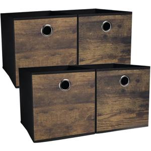 Durable Storage Cube Bin with Decorative Wood Grain, Thickened Fabric Box, Storage Basket for Shelves, Closet, Storeroom, Bedroom, Living Room, Nursery, Office, Dorm, RV, 11.8x11.8x11.8in, Brown with Black, 4 Pack