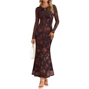MEROKEETY Women's 2026 Spring Wedding Guest Maxi Dress Long Sleeve Bodycon Floral Mesh Fall Cocktail Formal Party Dresses (Large, Brown)