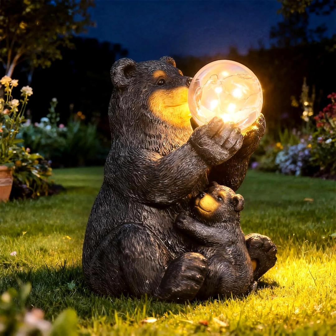 Solar Garden Statues Loving Bear Figurine with Ballon Lights for Outside, Yard Decorations Outdoor, Garden Decor Unique Birthday Housewarming Gifts for Mom, Women