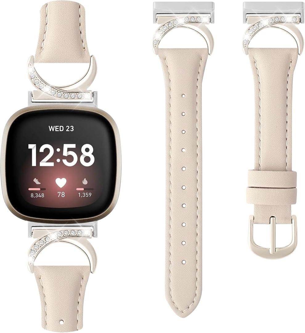 Leather Band Compatible for Fitbit Versa 4/Versa 3/Fitbit Sense 2/Sense, Bling Dressy Watch Strap with C-Shaped Buckle for Women