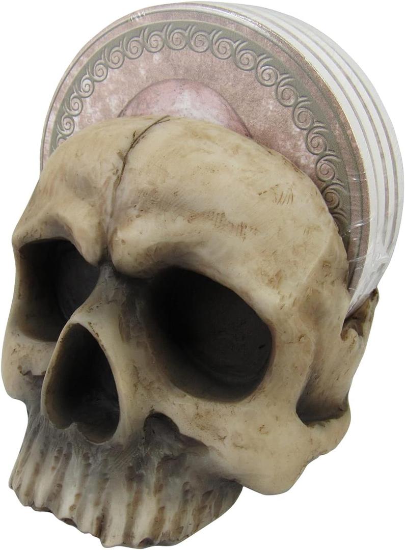DWK Decorative Skull Holder with Drink Absorbent Coasters | 4 Piece Coasters for Drinks Absorbent with Holder Set | Goth Kitchen Accessories and Skull Bar Decor - 5"