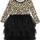 Toddler Girl Tulle Dress, Bamboo Viscose Long Sleeve Tutu Birthday Party Dress Outfits 5T (Leopard Tan)