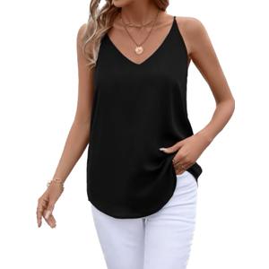 Women's V Neck Spaghetti Strap Cami Tank Top Black S