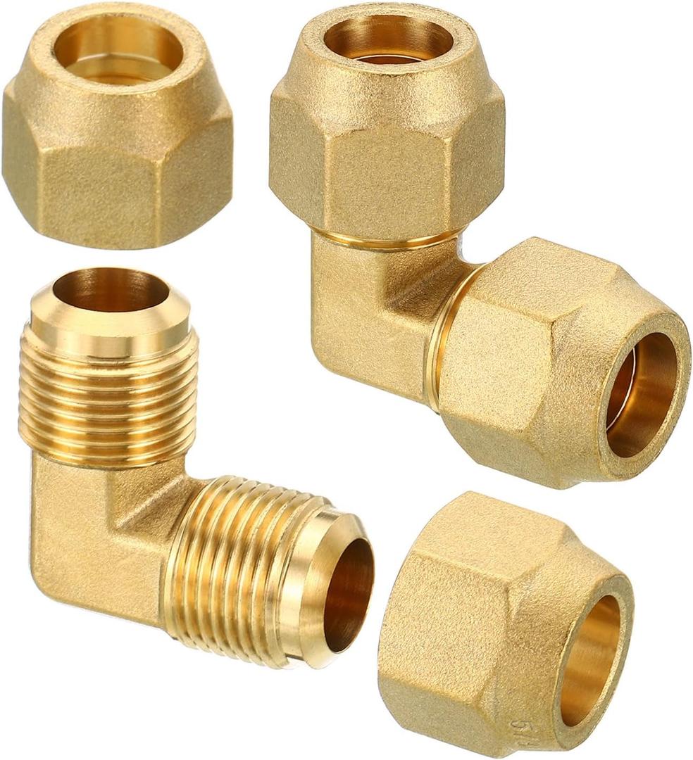 PATIKIL 5/8" x 5/8" Brass Pipe Fitting, 2 Pack Flare 90 Degree Elbow Tube Fitting Pipe Adapter Connector with Nut for Air Conditioner Refrigeration Plumbing