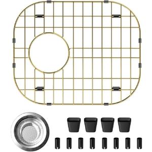 Universal Stainless Steel Sink Protector, Double Sink Bottom Grid Sink Rack with Rear Drain Hole for Kitchen Sink, 16 x13 Inches (Gold)