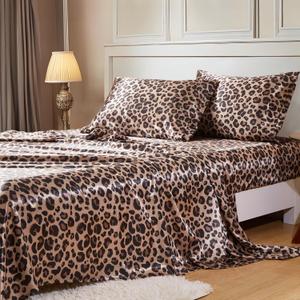 MR&HM Satin Bed Sheets with Elastic Corner Straps, Queen Size Sheets Set, 4 Pcs Silky Bedding Set with 15 Inches Deep Pocket for Mattress (Queen, Brown Leopard)