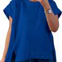 Tankaneo Womens Oversized Short Cap Sleeve T-Shirts Crew Neck Side Slit Tops Summer Casual Loose Fit Tees Tunic Shirts (Blue, L)