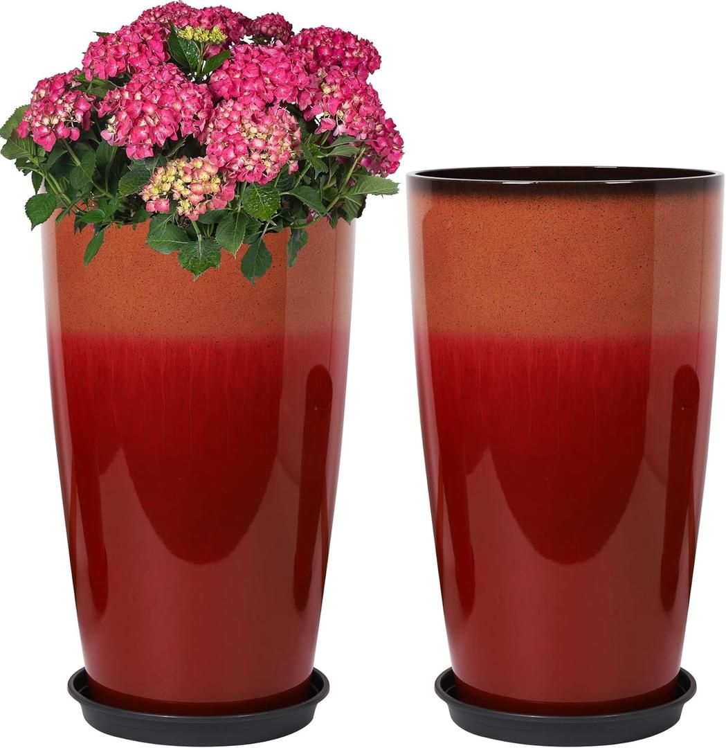 Neoaider Set of 2 Lightweight Ceramic-Look Tall Planter, 21 inch Large Plastic Planter with Drain Hole & Saucers, Large Outdoor Planters for Porch, Garden, Patio, Balcony(Fiery Red)