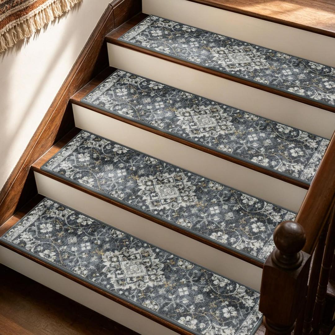 JSEI Stair Treads for Wooden Steps, 15 Pack 8" X 30" Non-Slip Machine Washable Carpet Stair Treads with TPE Backing, Indoor Stair Rug Runner for Kids Elders & Pets, Polyester, Dark Grey/White