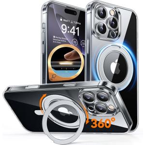 CANSHN 360 Spin Magnetic Stand for iPhone 16 Pro Case with Camera Control [Full Camera Protection] [Compatible with Magsafe] Non-Yellowing Shockproof Protective Phone Cover 6.3" - Clear