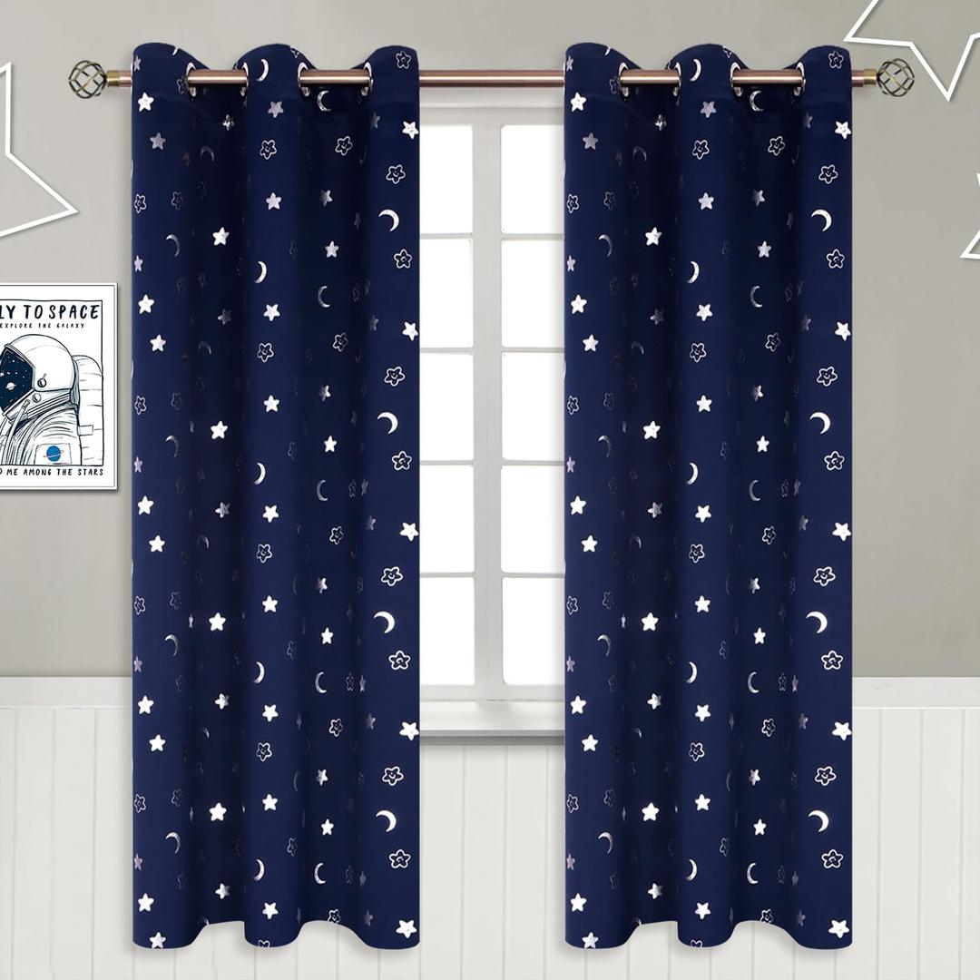 BGment Kids Curtains for Bedroom 72 Inch Length 2 Panels Set, Star and Moon Blackout Curtains for Boys Room Decor, Nursery Thermal Insulated Room Darkening Curtains with Grommet, 42 Wide, Navy Blue