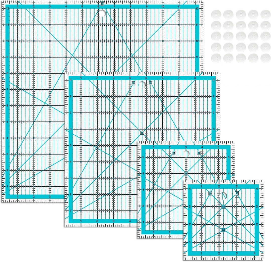 VPVPV 4 Piece Quilting Ruler,Acrylic Square Ruler,Quilting Templates,with Non Slip Rings 25 Pieces（4.5“X4.5”、6“X6”、9.5“X9.5”、12.5“X12.5”）