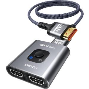 HDMI Switch 4K@60Hz Splitterwith 3FT HDMI Cable, GANA Aluminum Bidirectional HDMI Switcher 2 in 1 Out, HDMI Hub for 3D, HDR, Compatible with Xbox, PS5/4/3,Fire Stick,Roku,Blu-Ray Player