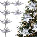 6 Pcs 10.6'' Christmas Large Silver Mirrored Poinsettias with Clips Artificial Glitter Poinsettias Flowers Christmas Tree Ornaments for Xmas New Years Eve Garland DIY Project Winter Wedding Decor