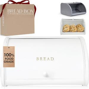 Modern Metal White Bread Box for Kitchen Countertop for Homemade Loaf Sourdough, Roll Top Breadbox for Kitchen Countertop Storage Container Bin, Farmhouse Stainless Steel Bread Keeper for Counters