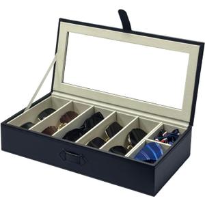 Sunglasses Case Organizer, Multiple Sunglasses Eyeglass Glasses Display Holder Collector, 5 Slots for Sunglasses Storage and 2 Small Slots for Accessories, Black