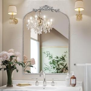 Antique Silver Arch Wall Mirror, 24"x36" Traditional Vintage Mantel Mirror with Ornate Metal Frame, Baroque Home Decor for Fireplace/Entryway/Bathroom/Living Room/Hallway