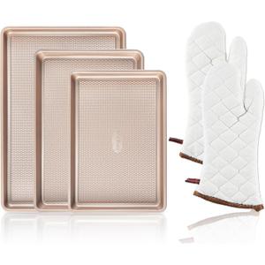 HONGBAKE 3 Pack Gold Nonstick Baking Sheet Pan Set with Oven Mitts Heat Resistant, Non-Toxic Half/Quarter/Jelly Roll Pans with Diamond Texture Pattern, Heavy Duty 0.8mm Thick Cookie Trays for Cooking (Champagne Gold (Carbon Steel) + Mitts)