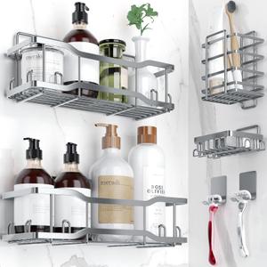 Shower Caddy Bathroom Shelves, The Athena Silken 4 Set, 40LB Capacity, Adhesive Tape - No Drill - Rustproof -Gorgeous Powder Coated 304 Stainless Steel Shower Organizer for kitchen & Home Decor - Grey