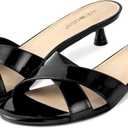 wetkiss Womens Heeled Sandals Open Round Toe Slip on Kitten Heel Mules Low Heel Slide Sandals for Women Cross Strap Backless Mule Flats Comfortable Summer Dress Heels (8, Patent Black)