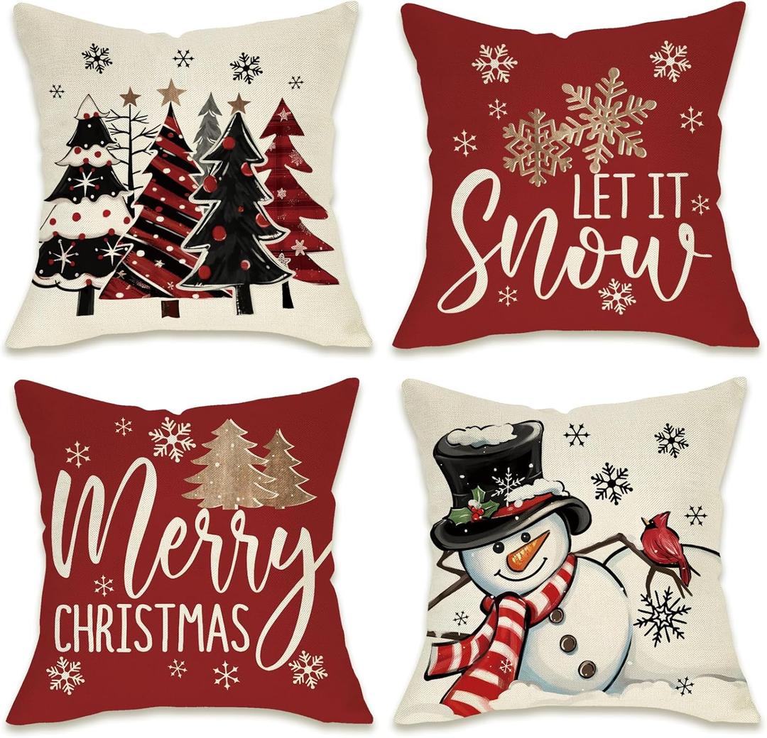 Fahrendom Merry Christmas Tree Decorative Throw Pillow Covers 18 x 18 Set of 4, Xmas Snowman Cardinal Porch Patio Outdoor Pillowcase, Let It Snow Winter Holiday Sofa Couch Cushion Case Home Decor