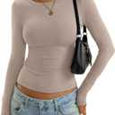 Womens Cotton Long Sleeve Shirts Wide Round Neck Fitted Tops Basic Going Out Crop Outfits Fall Undershirts 2026 (X-Small, Apricot)