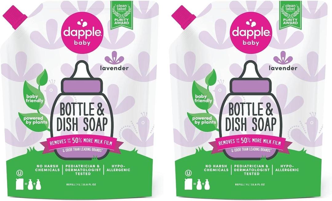 Dapple Baby Bottle Soap, Hypoallergenic Dish Soap for Baby Bottles, Powered by Plants, Lavender, 34 Fl Oz Refill (Pack of 2)