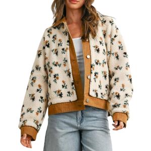 Women's Floral Sherpa Jacket Open Front Denim Collar Fleece Jackets Oversized Outerwear with Pockets (Large, Brown)