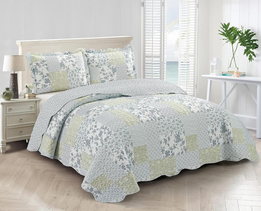 Brilliant Sunshine Multi Blue and Beige Floral Patchwork, 3-Piece Quilt Set with 2 Shams, Reversible Bedspread, Soft Lightweight Coverlet, All-Season, Full/Queen, Blue White (Quilt Set Queen)