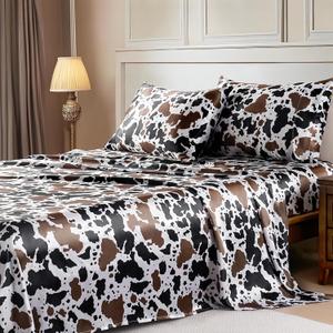MR&HM Satin Bed Sheets with Elastic Corner Straps, Queen Size Sheets Set, 4 Pcs Silky Bedding Set with 15 Inches Deep Pocket for Mattress (Queen, Cow Print)