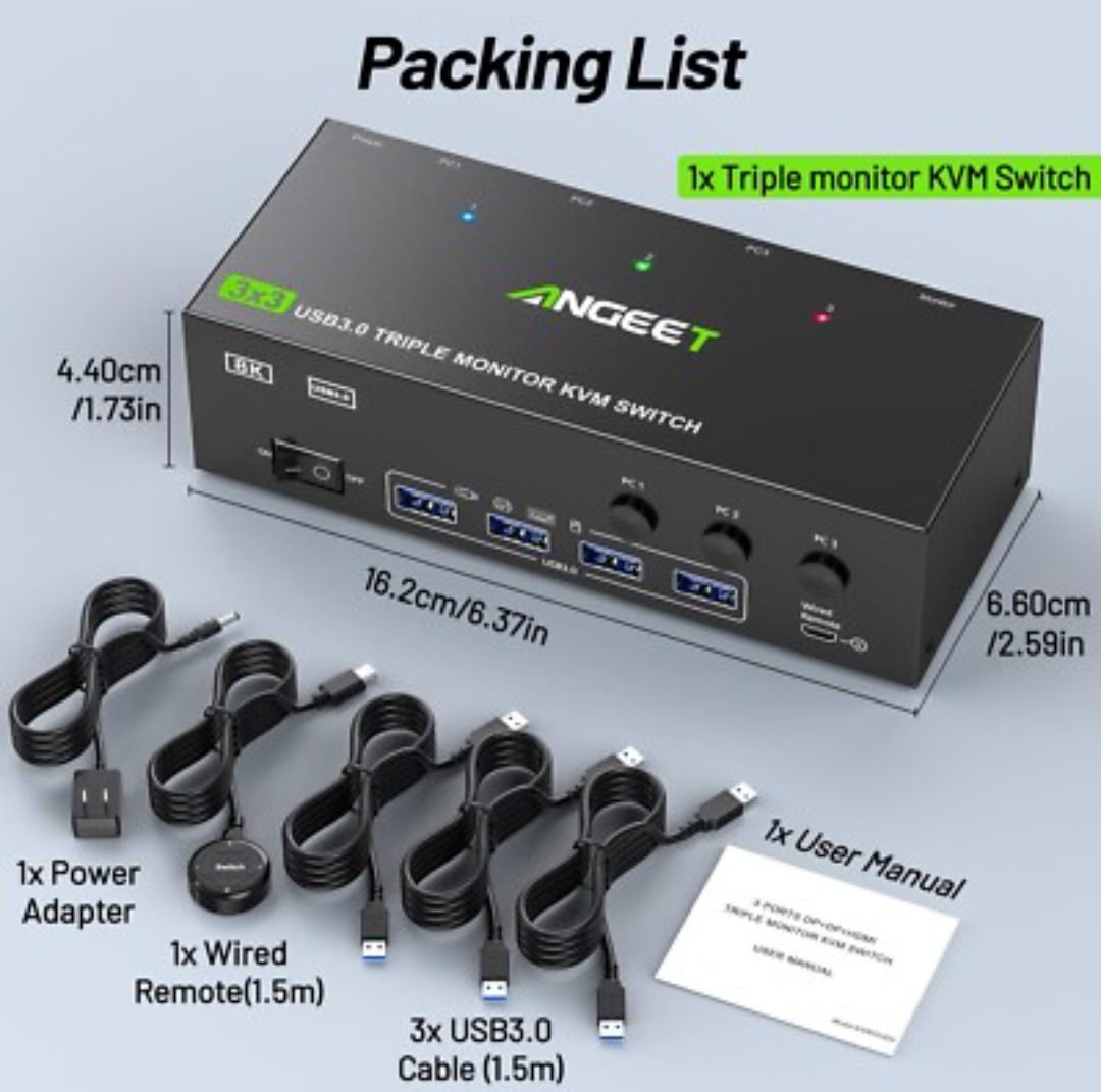 KVM Switch 3 Monitors 3 Computers 8K@60Hz 4K@144Hz, ANGEET HDMI and Displayport