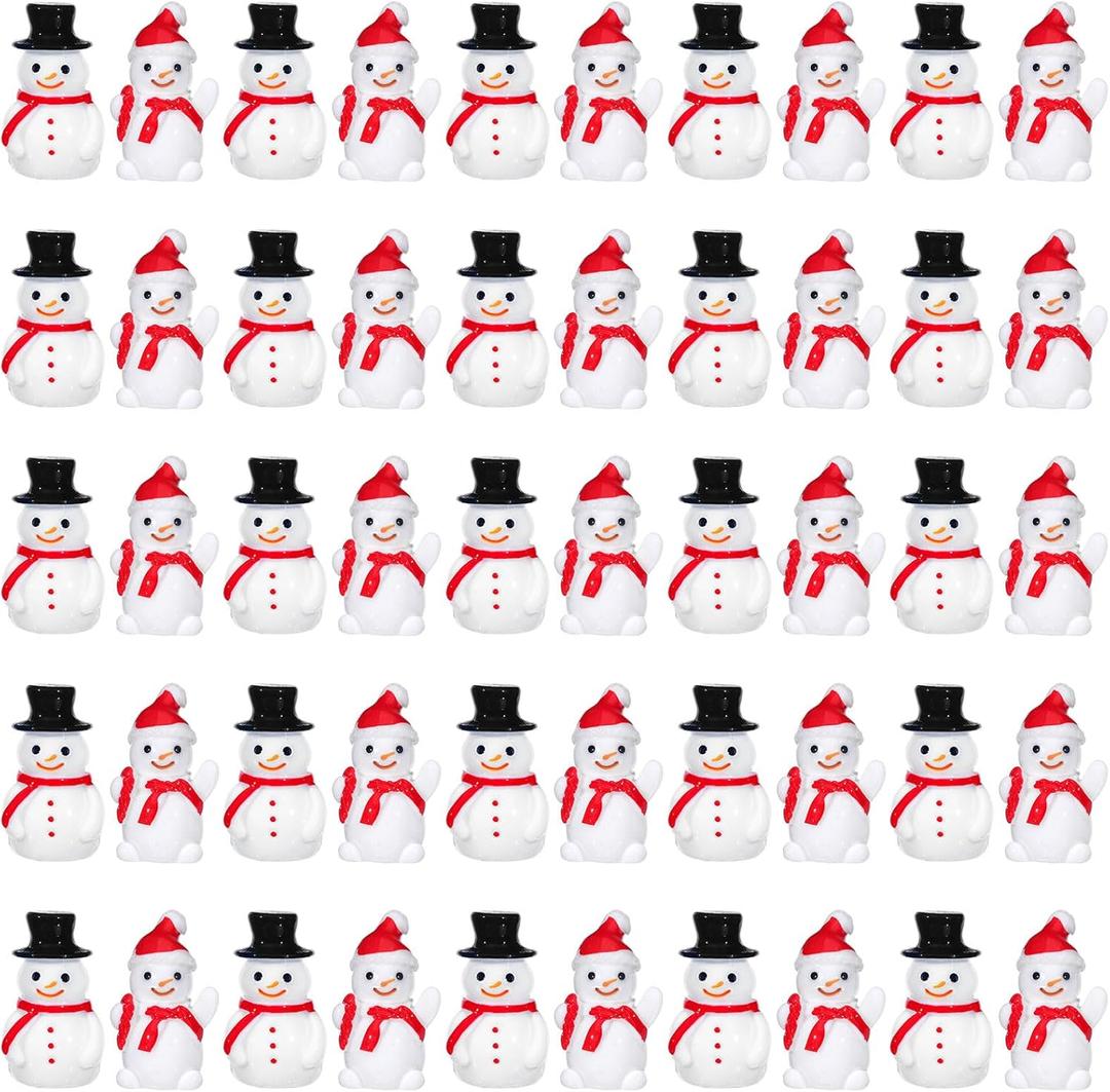 Soaoo 50 Pcs Christmas Mini Snowman Figurines 2 Types Tiny Resin Snowman Decoration with Top Hat Xmas Micro Landscape Ornament Mini Garden Dollhouse Accessories for Crafts DIY Xmas Winter Party