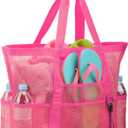 Large Mesh Beach Tote Bag 9 Pockets Lightweight Pool Bags for Sand Toys Family Travel