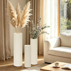 White Tall Floor Vase - Set of 3 Large Metal Decorative Vases | 27.6in Long Modern Minimalist Big Cylinder Standing Rustic Boho Corner Decor for Living Room Farmhouse Entryway Pampas Grass