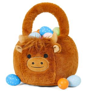 Easter Basket Plush for Kids, Highland Cow Easter Bucket Egg Hunt Bag Boys Girls Festivals Gift (Brown)