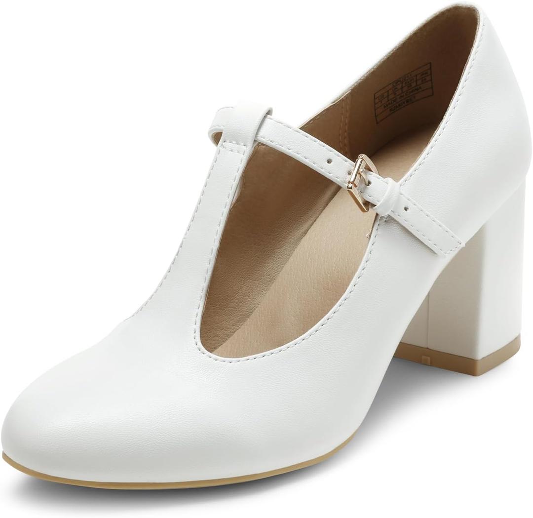 DREAM PAIRS Low Chunky Heels for Women T-Strap Mary Jane Pumps Wedding Dress Shoes (8, White/Pu)