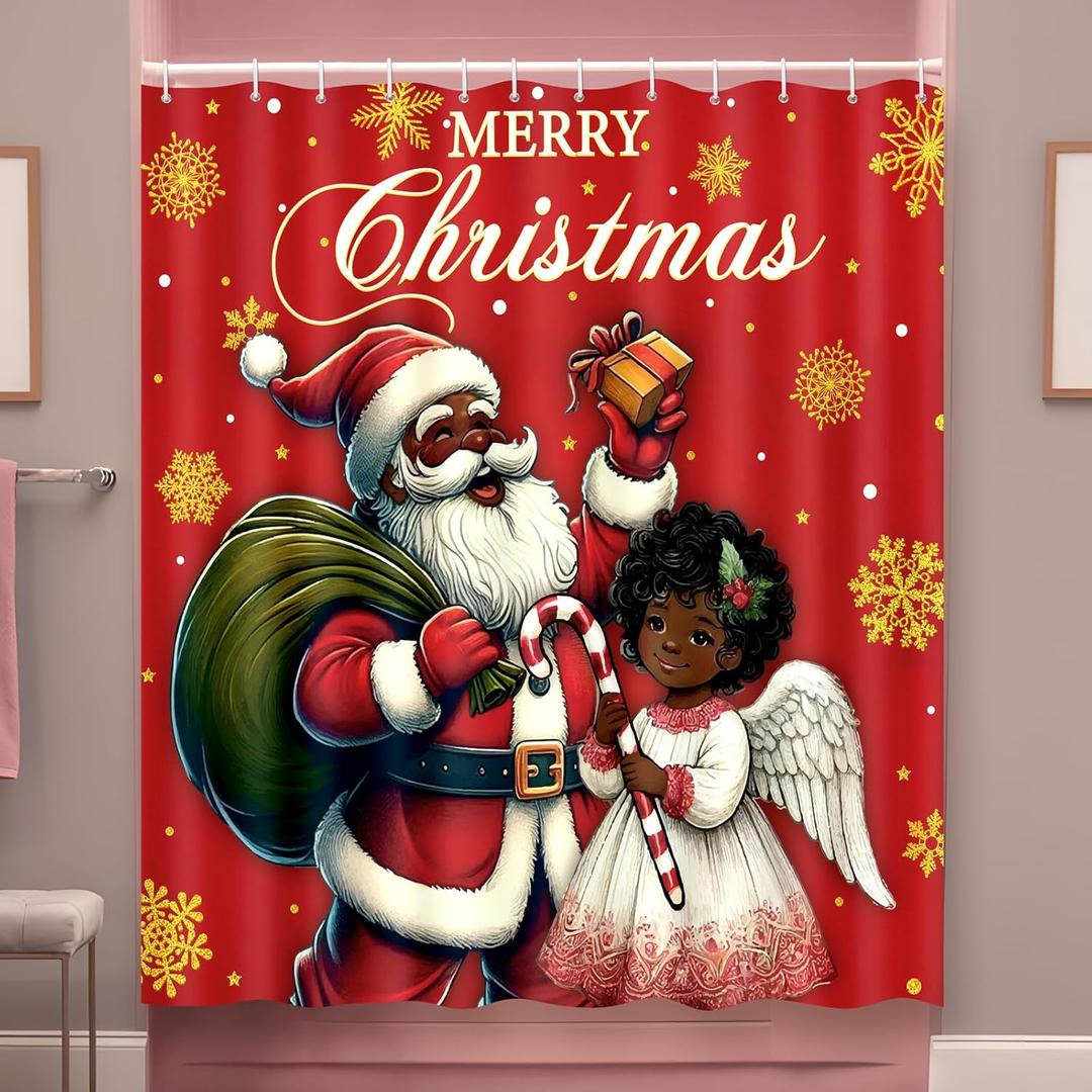Tieshankao Christmas Black Santa Claus Girl Shower Curtain Bathroom Decor with 12 Hooks 72 x 72 Inches Xmas Decorations