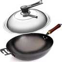 Xinzchuo Wok，Carbon Steel Wok Pan, Non-Stick Iron Wok Carbon Steel, woks & stir-fry pans，Wok with lid on wooden handle，Chinese-style large capacity，14 inches, round bottom cooking