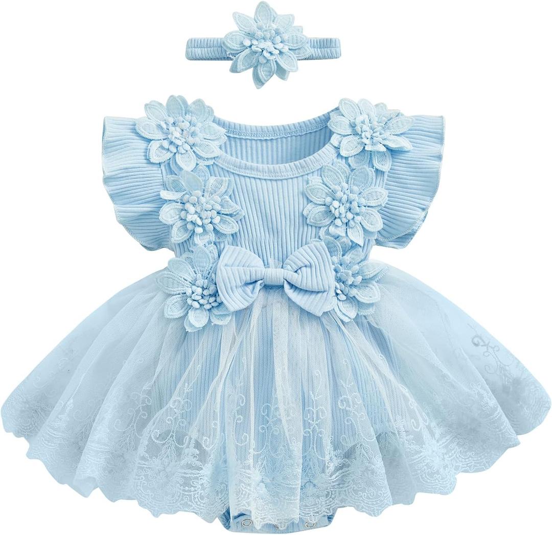 Karwuiio Newborn Baby Girl Romper Dress Short Sleeve Mesh Tutu Dress Baby Girls Lace Mesh Jumpsuits with Headband (3-6 Months, Blue)