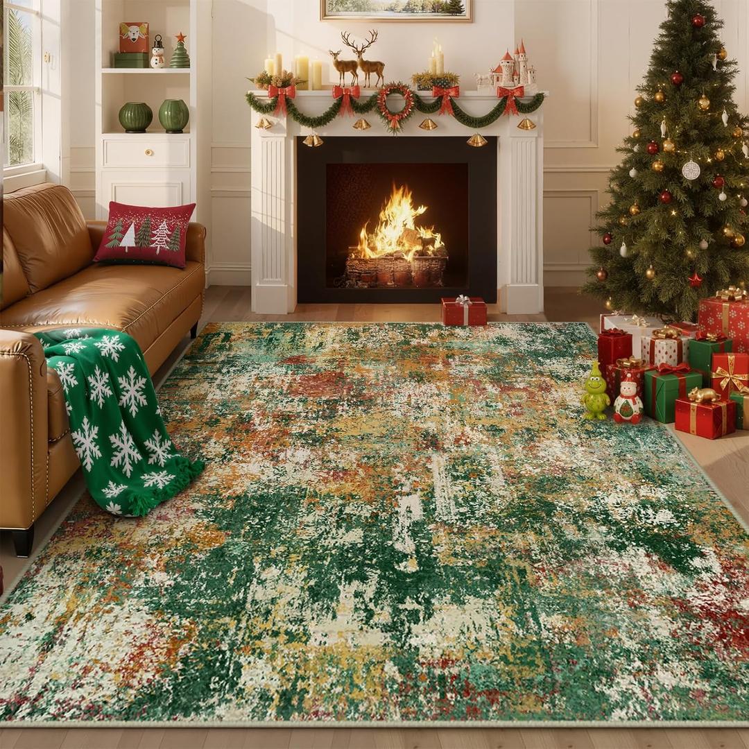 RELEANY Washable Area Rugs 8'x10' Non-Slip Modern Abstract Soft for Living Room Entryway Bedroom Nursery, Print Pattern, Green Orange Rust Red Cream Colorful