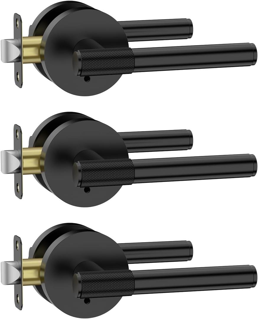 Amerdeco 3 Pack Matte Black Door Handles Interior,Knurled Privacy Door Handles with Lock,Heavy Duty Black Door Lever for Bedroom or Bathroom,Reversible Keyless for Left Right Handed Doors AM0027