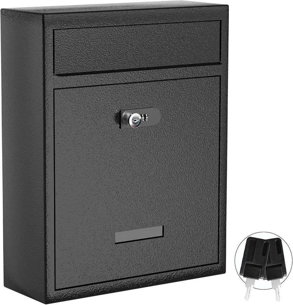 Wall Mount Mailbox (Upgraded Design), 16 Inch Metal Mailbox with Key and Password Combination Lock, Waterproof Wall Mount Mailboxes for Outside, Security Drop Box with Transparent Window, Black