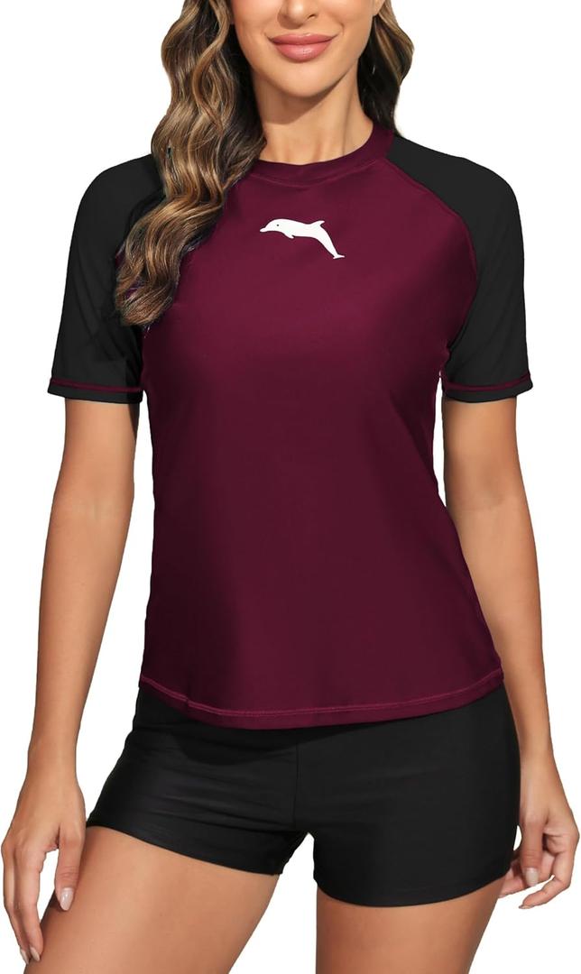 Halcurt Women's Short Sleeve Swim Shirt Rash Guard Swimsuit Top Only UPF50+ Sun Protection Bathing Suit (XX-Large, Burgundy)