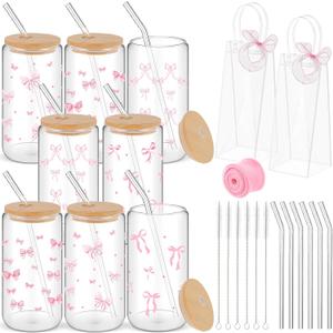 Mumufy 8 Sets Coquette Bow Glass Cups with Clear Gift Bag 16 oz Reusable Pink Iced Coffee Mugs Aesthetic Cute Tumbler with Lids and Straws, Gifts for Girls Women Bridesmaid