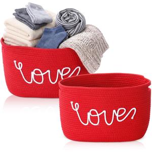 Willinglong 2 Pack Mother's Day Woven Baskets for Storage with Handle, Cotton Rope Baskets with "love" Design, Large Decorative Organizers for Nursery, Gift Basket for Mom Wife, 15 x 10 x 9 Inch (Red)